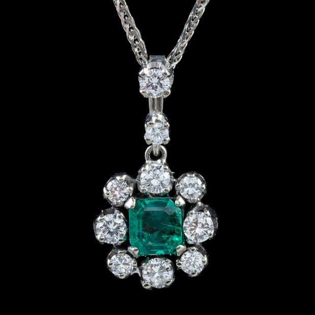 Vintage Emerald Diamond Pendant Necklace 9Ct White Gold Chain Dated 1963