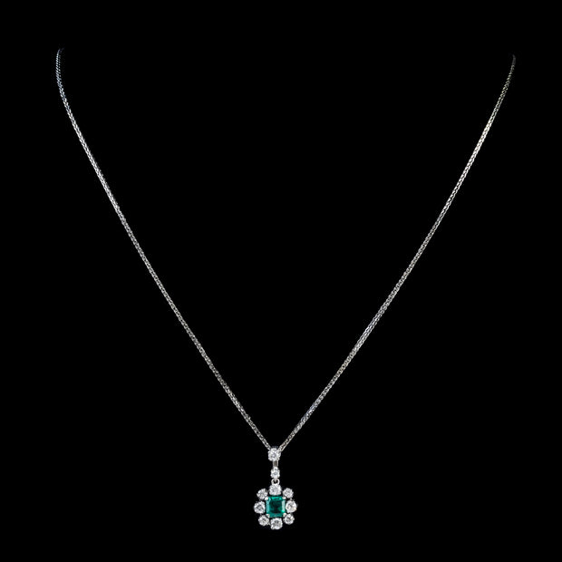 Vintage Emerald Diamond Pendant Necklace 9Ct White Gold Chain Dated 1963