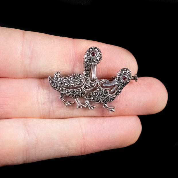 Vintage French Marcasite Duck Brooch Silver
