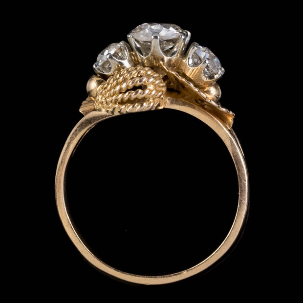 Art Deco Style  French Old Cut Diamond Trilogy Ring 18Ct Gold 1.20Ct Diamond Circa 1930