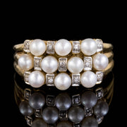 Vintage French Pearl Diamond Cluster Ring 18Ct Gold Circa 1950