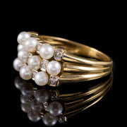 Vintage French Pearl Diamond Cluster Ring 18Ct Gold Circa 1950