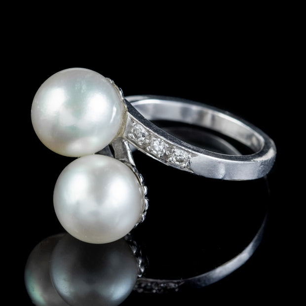 Vintage French Pearl Diamond Twist Ring 18Ct White Gold