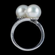 Vintage French Pearl Diamond Twist Ring 18Ct White Gold