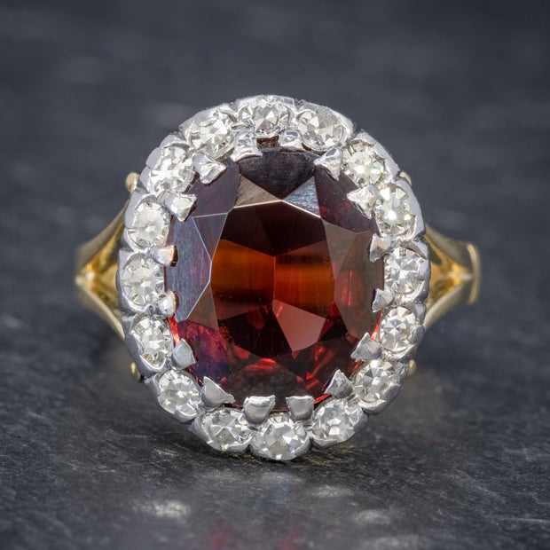 Vintage Garnet Diamond Cluster Ring 18Ct Gold 5Ct Garnet