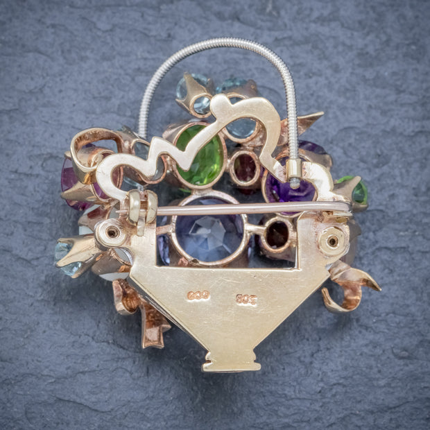 Vintage Gemstone Flower Basket Brooch 9Ct Gold Amethyst Opal Citrine Garnet Peridot
