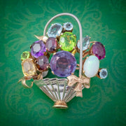 Vintage Gemstone Flower Basket Brooch 9Ct Gold Amethyst Opal Citrine Garnet Peridot