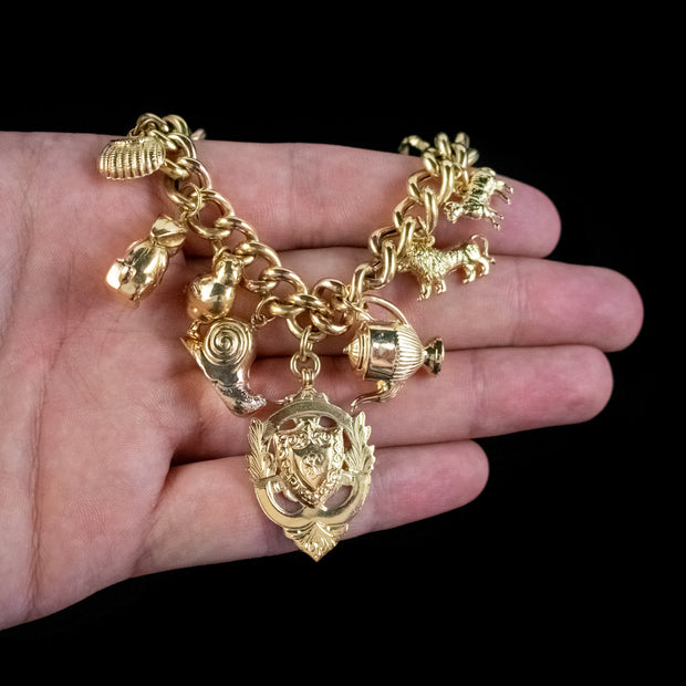Vintage Gold Charm Necklace 9Ct Gold 12 Charms And Medallion Dated 1920