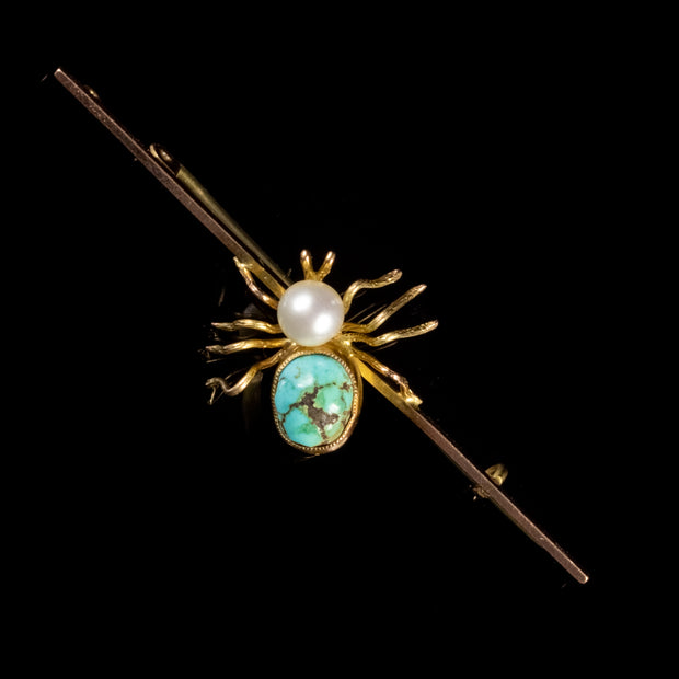 Antique Edwardian Pearl Turquoise Spider Bar Brooch 9ct Gold