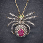 Vintage Spider Pendant Necklace 5Ct Diamond 2.80Ct Ruby 18Ct Gold Silver Brooch