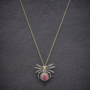 Vintage Spider Pendant Necklace 5Ct Diamond 2.80Ct Ruby 18Ct Gold Silver Brooch