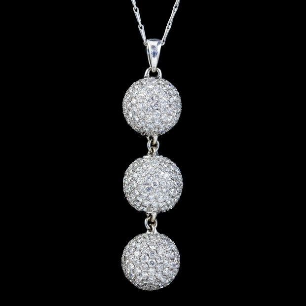 Vintage Triple Diamond Ball Pendant Necklace 18Ct White Gold 6Ct Of Diamond Boxed