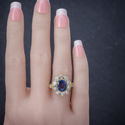 Vintage French Sapphire Diamond Cluster Ring 18Ct Gold 3.80Ct Sapphire