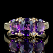 Victorian Style Amethyst Diamond Trilogy Ring 9ct Gold
