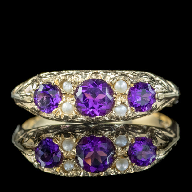 Victorian Style Amethyst Pearl Ring 9ct Gold 