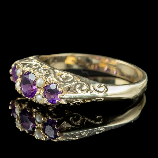 Victorian Style Amethyst Pearl Ring 9ct Gold b