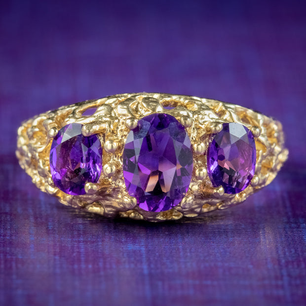 Victorian Style Amethyst Trilogy Ring 9ct Gold