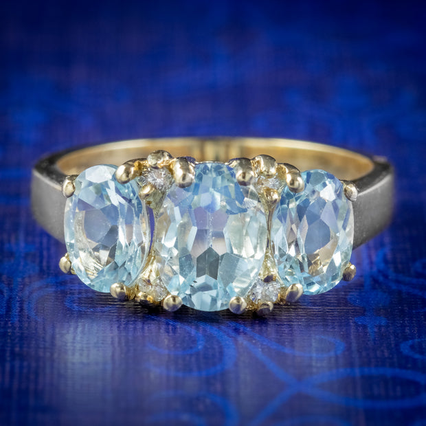 Victorian Style Blue Topaz Diamond Trilogy Ring 3.10ct Of Topaz