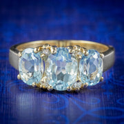 Victorian Style Blue Topaz Diamond Trilogy Ring 9Ct Gold