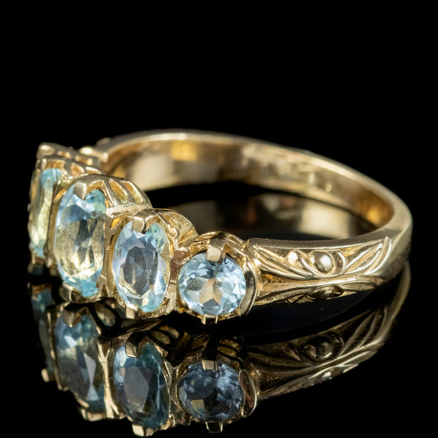 Victorian Style Blue Topaz Five Stone Ring 9ct Gold 2.5ct Of Topaz