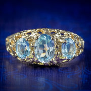 Victorian Style Blue Topaz Trilogy Ring 9ct Gold