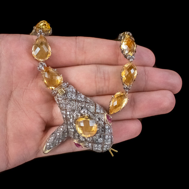 Victorian Style Citrine Diamond Riviere Snake Necklace 156ct Of Citrine