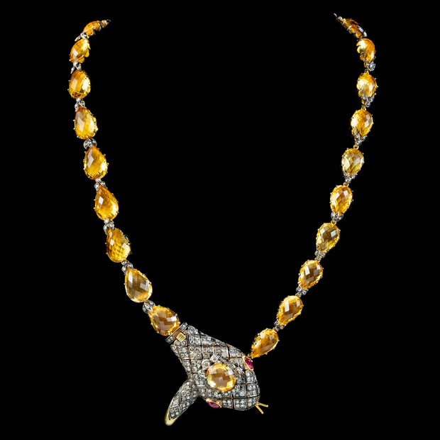 Victorian Style Citrine Diamond Riviere Snake Necklace 156ct Of Citrine