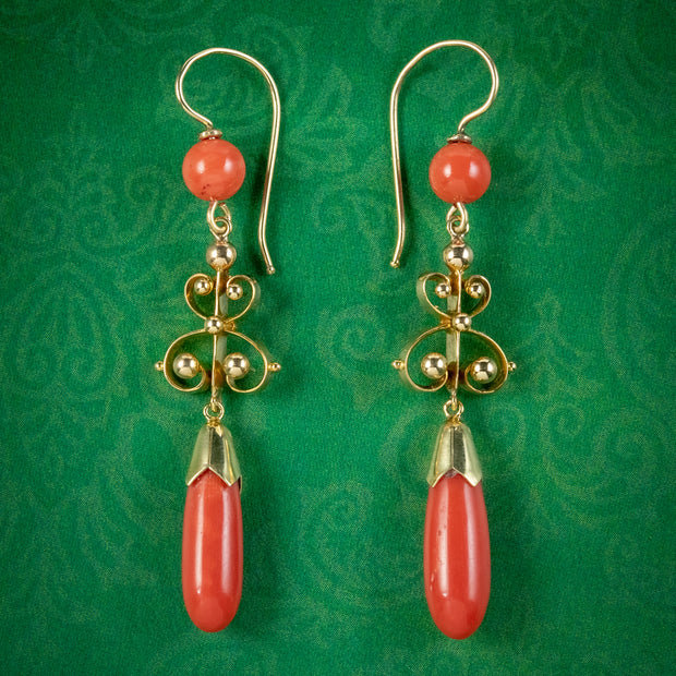 Victorian Style Coral Drop Earrings 18ct Gold 