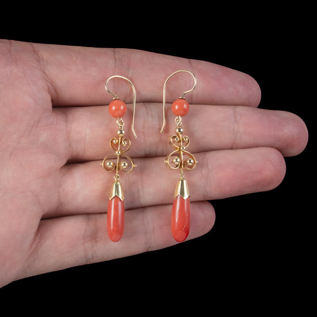 Victorian Style Coral Drop Earrings 18ct Gold 