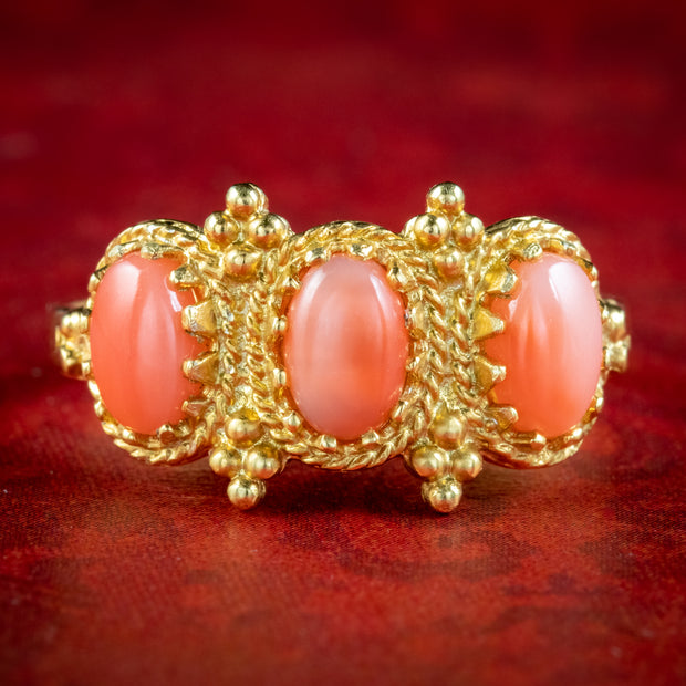 Victorian Style Coral Trilogy Ring 