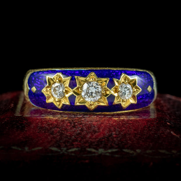 Victorian Style Diamond Trilogy Ring Blue Enamel Dated 1989