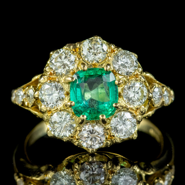 Victorian Style Emerald Diamond Cluster Ring 18ct Gold