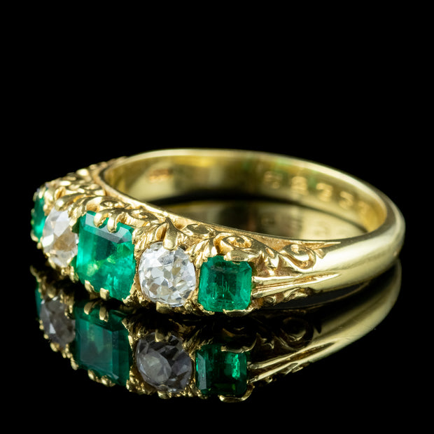 Victorian Style Emerald Diamond Five Stone Ring 1ct Emerald