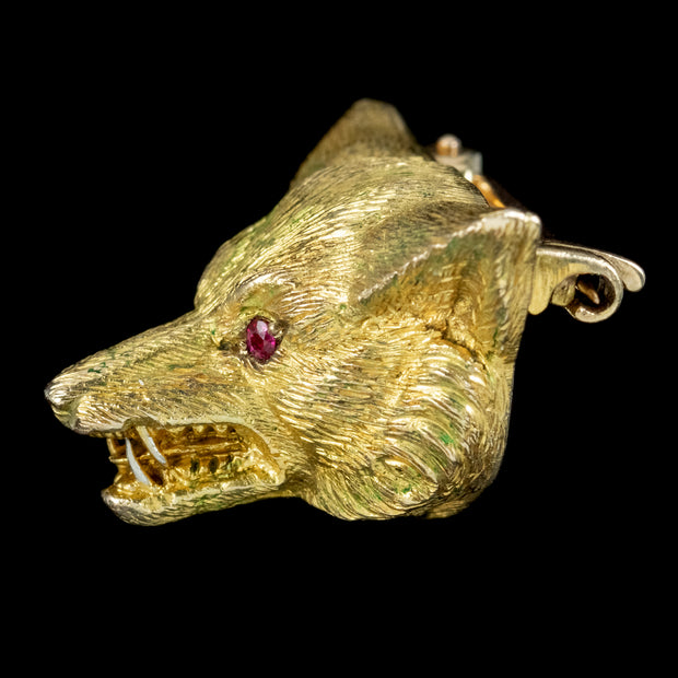 Victorian Style Fox Brooch 9ct Gold Ruby Eyes Dated 1987