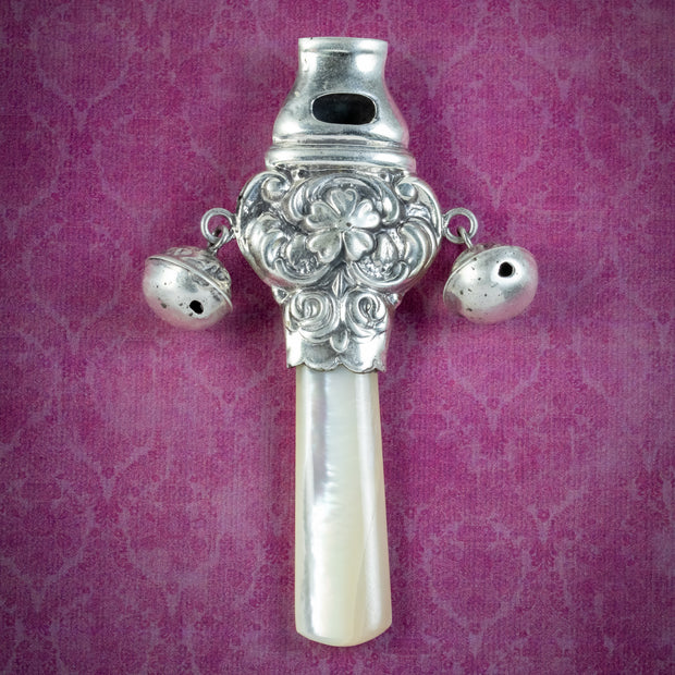 Victorian Style Mother Of Pearl Rattle And Whistle Sterling Silver