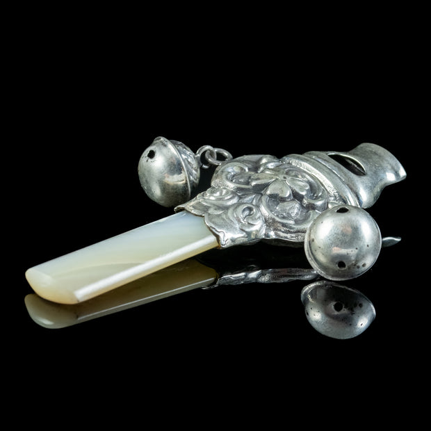 Victorian Style Mother Of Pearl Rattle And Whistle Sterling Silver