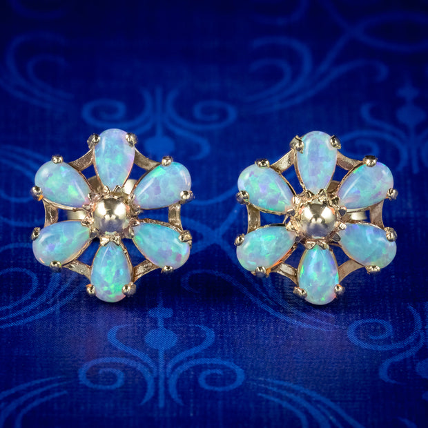 Victorian Style Opal Cluster Gold Stud Earrings 1.20Ct