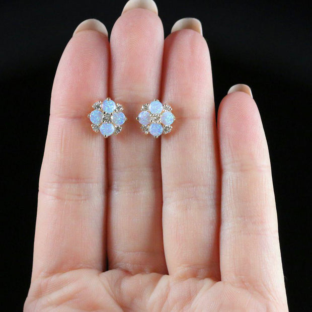 Victorian Style Opal Diamond Cluster Stud Earrings 9Ct Gold 1.60Ct Opal