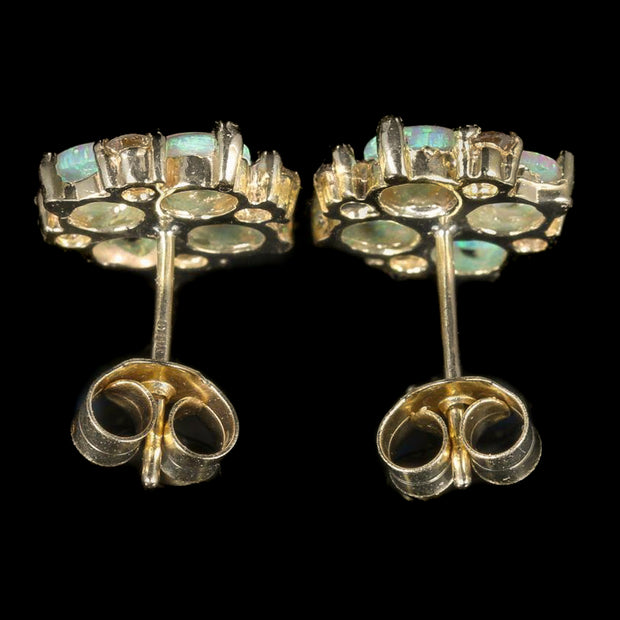 Victorian Style Opal Diamond Cluster Stud Earrings 9Ct Gold 1.60Ct Opal