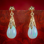 Victorian Style Opal Diamond Drop Earrings 9ct Gold 