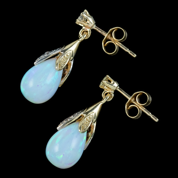 Victorian Style Opal Diamond Drop Earrings 9ct Gold