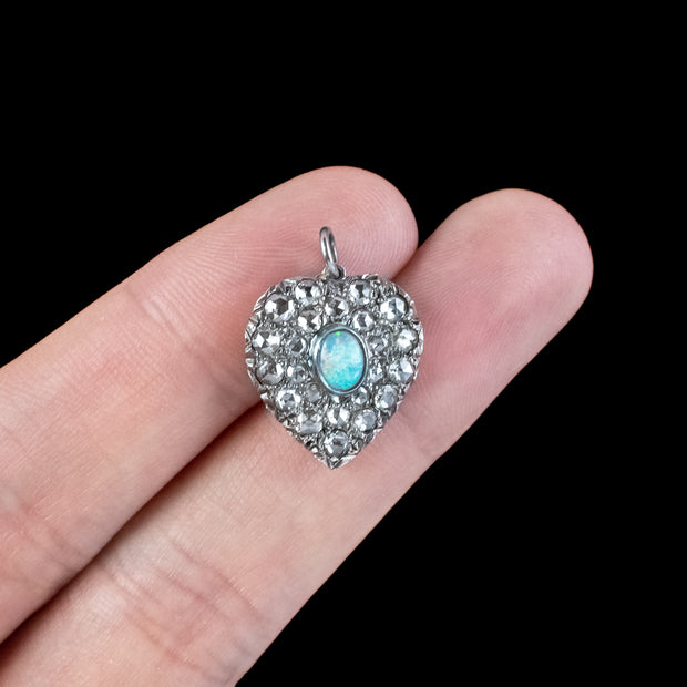 Victorian Style Opal Diamond Heart Pendant Silver 18ct Gold