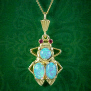 Victorian Style Opal Insect Pendant Necklace Ruby Eyes
