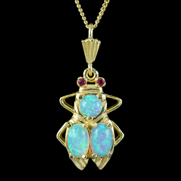 Victorian Style Opal Insect Pendant Necklace Ruby Eyes