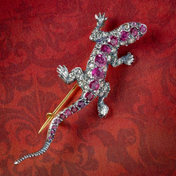 Victorian Style Ruby Diamond Lizard Brooch 1.35ct Of Ruby