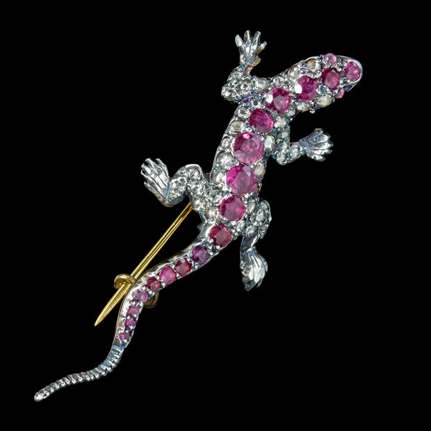 Victorian Style Ruby Diamond Lizard Brooch 1.35ct Of Ruby