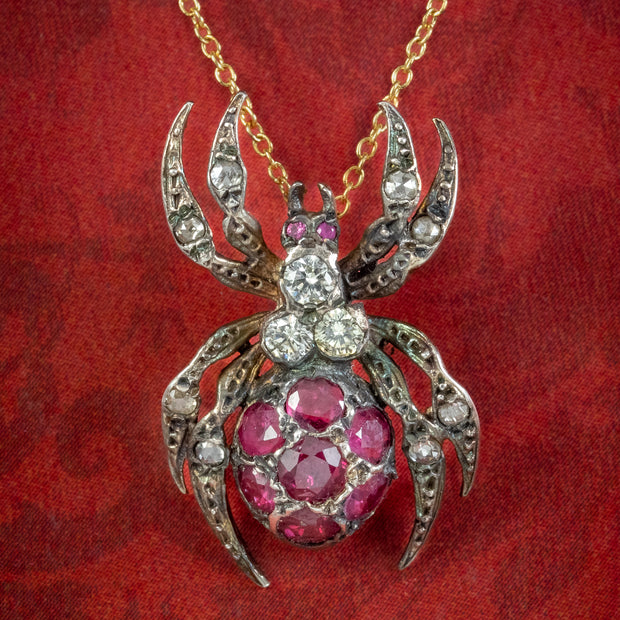 Victorian Style Ruby Diamond Spider Pendant Necklace Silver 18ct Gold