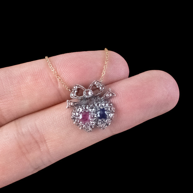 Victorian Style Ruby Sapphire Diamond Heart Lavaliere Necklace 