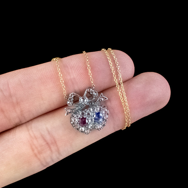 Victorian Style Ruby Sapphire Diamond Heart Lavaliere Necklace