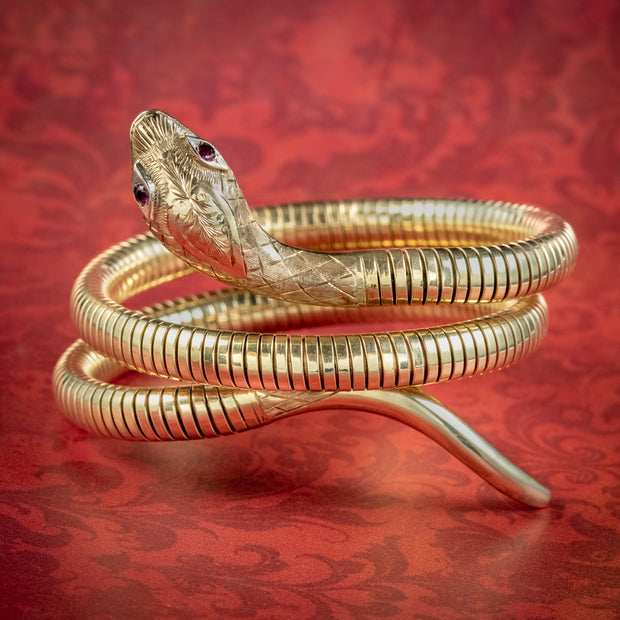 Victorian Style Snake Bangle 9ct Gold Ruby Eyes Dated 1989